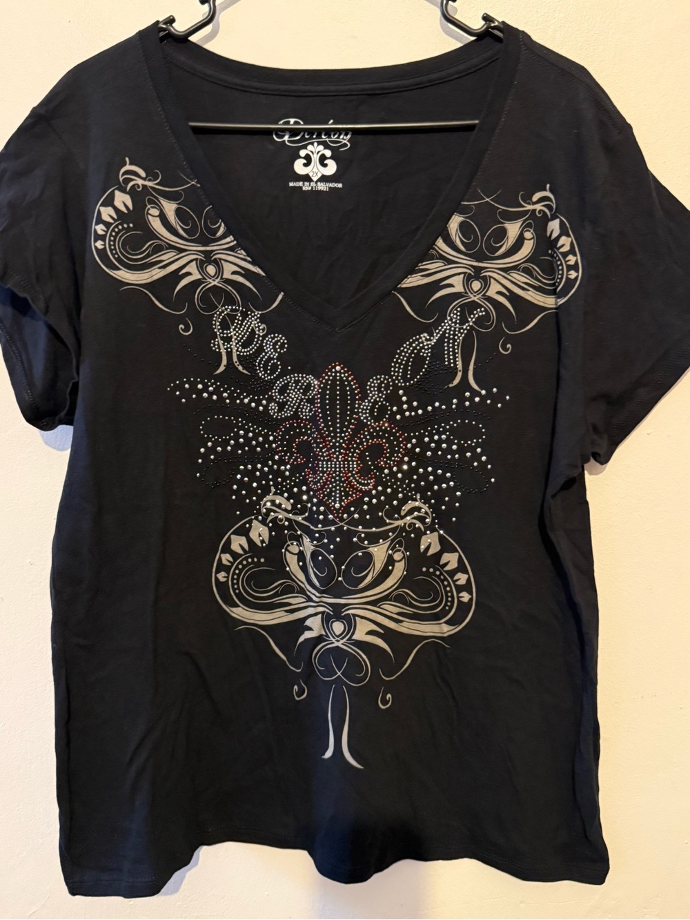 Dereon Black V-Neck Graphic Tee with Stud Accents